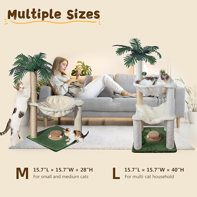 Cat Scratching Post 40 Inches Small Cat Tree Tower with Two Hammock, Double Hammock with Cat Toy Wooden Interactive, Cat Condo for Kitten and Adults Cat