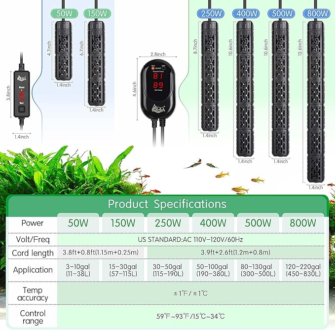 AQQA Fish Tank Heater,Aquarium Heater 50W 150W 250W 400W 500W 800W for 3-220 Gal,Set Temperature 59℉-93℉ Temperature Accuracy,Out of Water or High Temperature Automatic Power Off (50W to 3-10 gal)