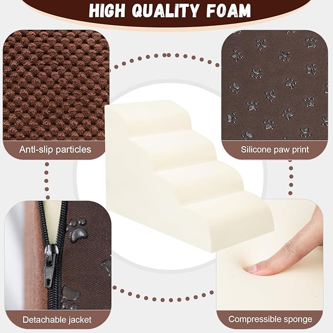 Dog Stairs for Small Dogs - High Density Foam Pet Steps, Extra Wide Dog Ramp with Non-Slip Bottom for High Beds, Couch and Sofa, Best for Dogs Injured, Older Doggy Cats,4 Steps, Brown