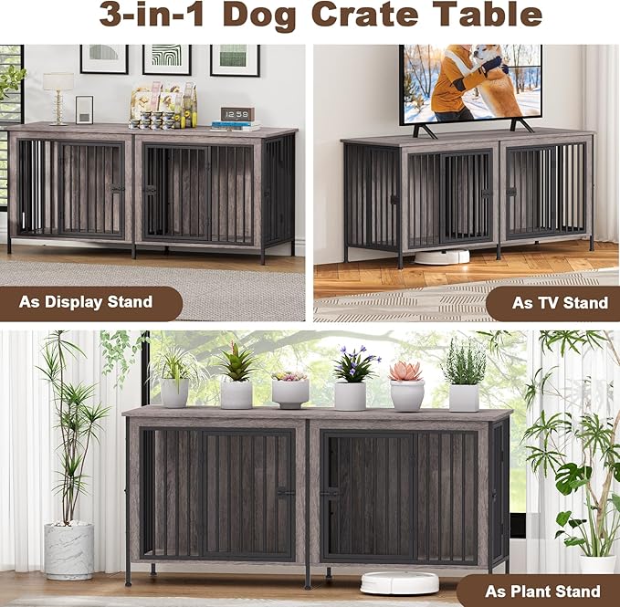 EasyCom 63" Dog Cage Furniture for 2 Pets with Divider, XL Wooden Double Dog Crate Furniture TV Stand for Mideum Breed, Durable and Sturdy
