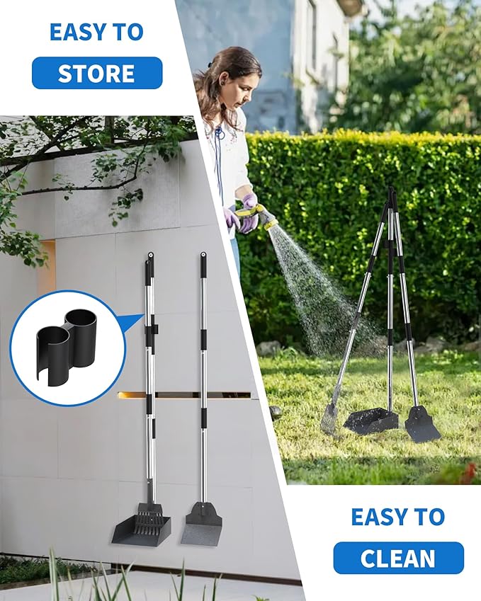 Dog Pooper Scooper Set, Stainless Metal Tray Rake Spade 3 Pack, Long Handle Pet Waste Scooper for Large Medium Small Dogs, Heavy Duty Poop Scooper for Yard, Grass, Dirt or Gravel