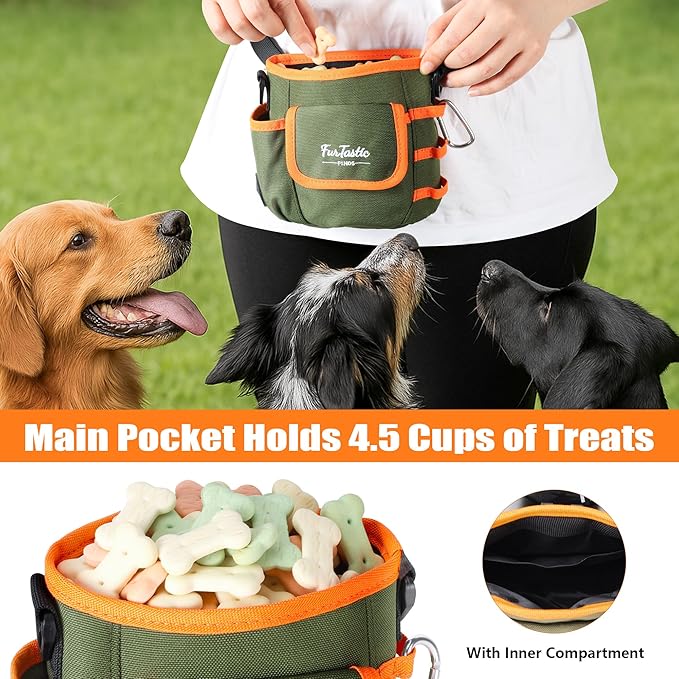Dog Treat Pouch with Quick-Release Magnetic Closure, 3-Way Wear Treat Bags, 900D Waterproof Fabric, 4 Storage Spaces, Treat Pouch for Pet Training Walking (Green)
