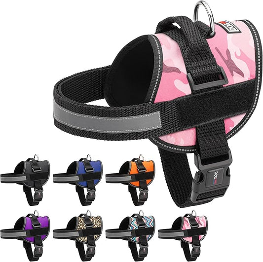 Dogline Dog Harness, Reflective No-Pull Adjustable Vest with Handle for Walking, Training, Breathable, No - Choke Harness for Small, Medium or Large Dogs Room for Patches Girth 33"-46" in Pink Camo