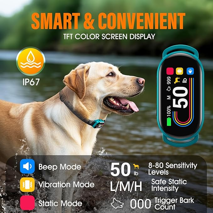 Smart Dog Bark Collar, for Small Medium Large Dogs 10-100lbs, Automatic Dog Training Collar to Decrease Barking, Anti Barking Device with 4 Training Modes, More 8 Sensitivity Levels, Cyan