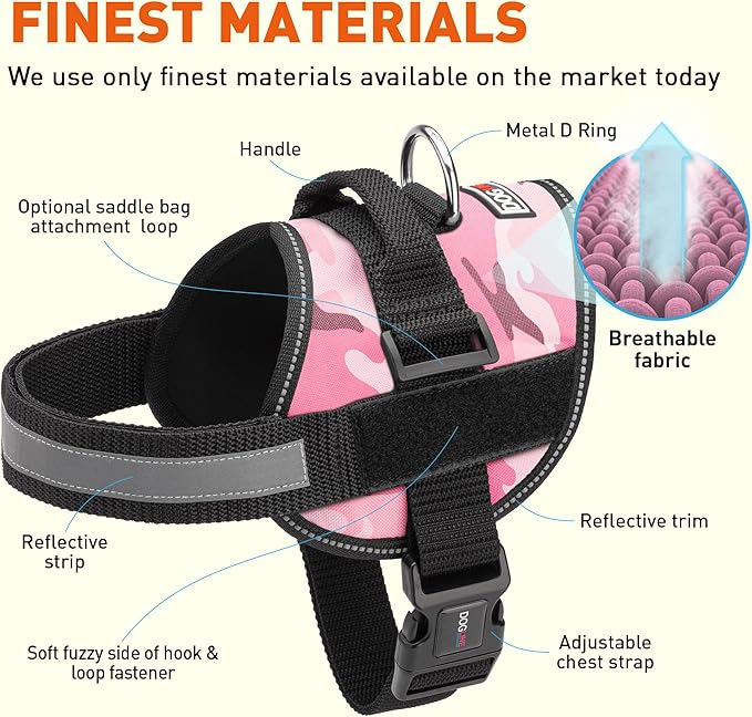 Dogline Dog Harness, Reflective No-Pull Adjustable Vest with Handle for Walking, Training, Breathable, No - Choke Harness for Small, Medium or Large Dogs Room for Patches Girth 15 to 18 in Pink Camo