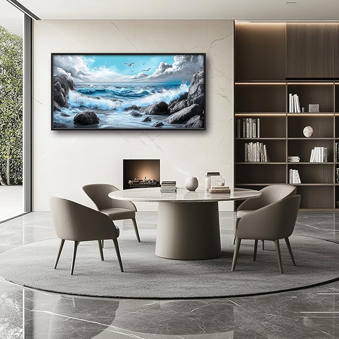 Extra Large Framed Abstract Sea Ocean Wall Art,Black and White Wall Decor, Coastal Seashore Pictures for Living Room,Canvas Print Painting Modern Artwork Bedroom Office Bathroom 60L x 30W