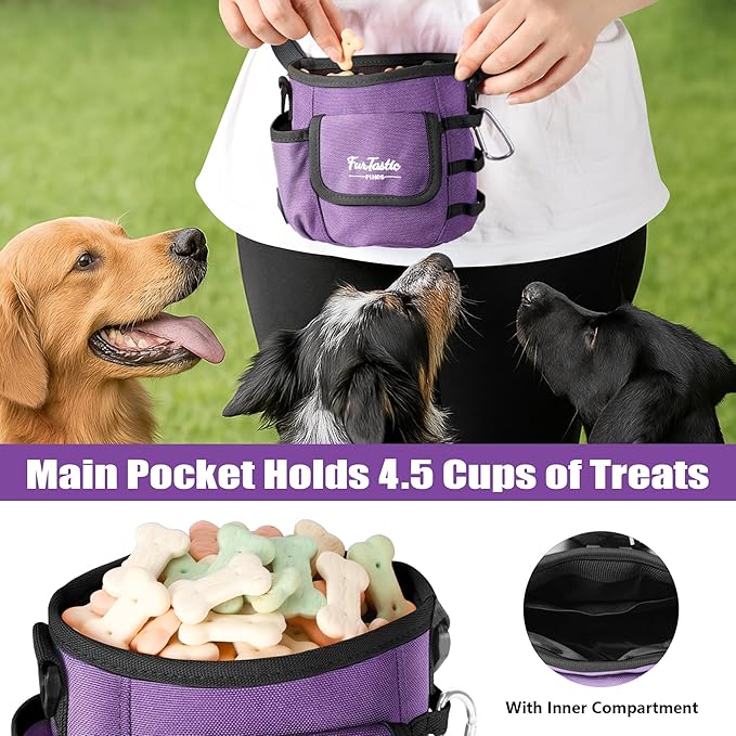 Dog Treat Pouch with Quick-Release Magnetic Closure, 3-Way Wear Treat Bags, 900D Waterproof Fabric, 4 Storage Spaces, Treat Pouch for Pet Training Walking (Purple)