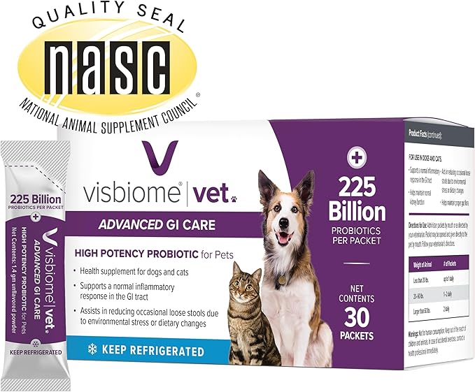 Visbiome® Vet Advanced GI Care Probiotic for Dogs & Cats – 225B CFU, 8-Strain Formula – Veterinarian Recommended, Clean Label Certified – 60 Packets