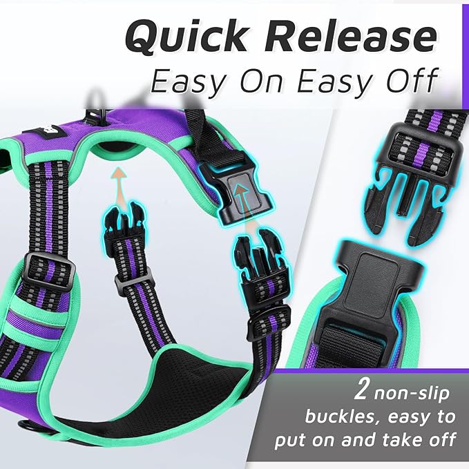 Eagloo Dog Harness for Large Dogs, No Pull Service Vest with Reflective Strips and Control Handle, Adjustable and Comfortable for Walking, No Choke Pet Harness with 2 Metal Rings, Purple & Green, L