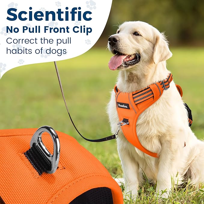 Funfox Dog Harness No Pull, Adjustable Pet Vest Harness, Super Soft Material with Vertical Handle Easy Control, Reflective Night Walking, 2 Leash Clips for Medium Sized Dogs, Orange, M