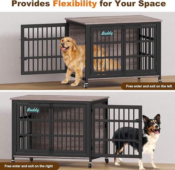 EasyCom 42"/41"/33" XL Dog Crate Furniture with Casters, Heavy Duty Dog Kennel Indoor for Large and Medium Dogs, Double-Doors Sturdy Dog Cage for Anxiety Dog, Decorate House as TV Stand, Bedside Table