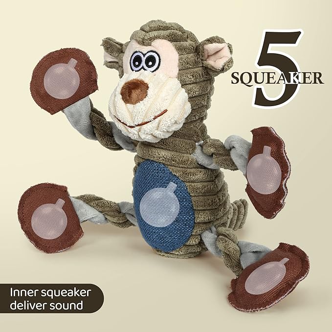 Dog Toys for Large Dog - Plush Squeaky Medium & Small Dog Toys - Stuffed Animals Puppy Toys - Funny Cute Dog Toys for Dog Birthday Presents (Monkey)