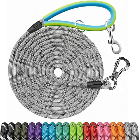 NTR Dog Training Leash, 20FT Check Cord Rope Lead, with 2 Swivel Hooks and Soft Rubber Handle, Long Leash for Walking, Hunting, Camping, Backyard for Small Medium and Large Dogs-Grey