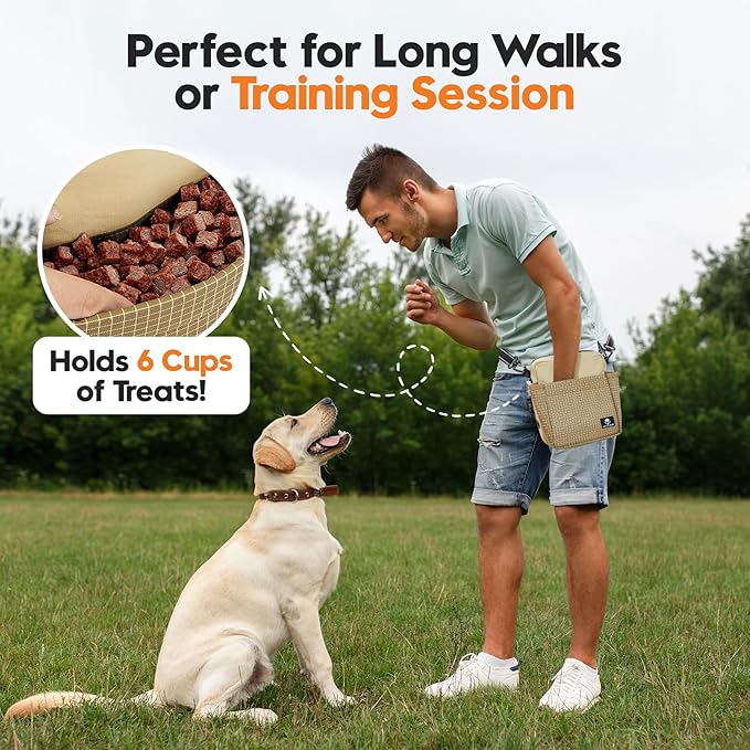 Dog Treat Pouch – Large Capacity with Magnetic Closure, Dog Walking Fanny Pack Built-in Poop Bag Dispenser, Clicker & Collapsible Bowl for Training & Walking - Khaki