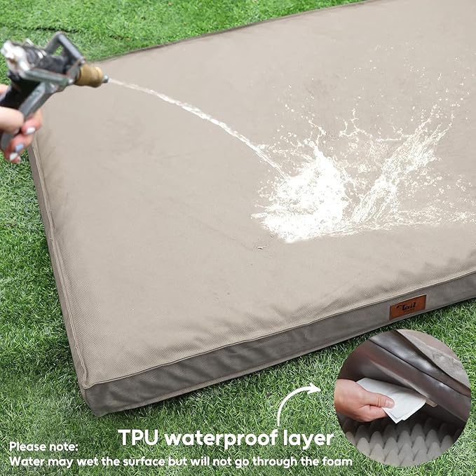 Dog Crate Bed Washable Dog Beds for Large Dogs, Big Waterproof Orthopedic Pet Bed with Egg Crate Foam Pet Bed Mat, Removable Oxford Cooling Cover, Khaki