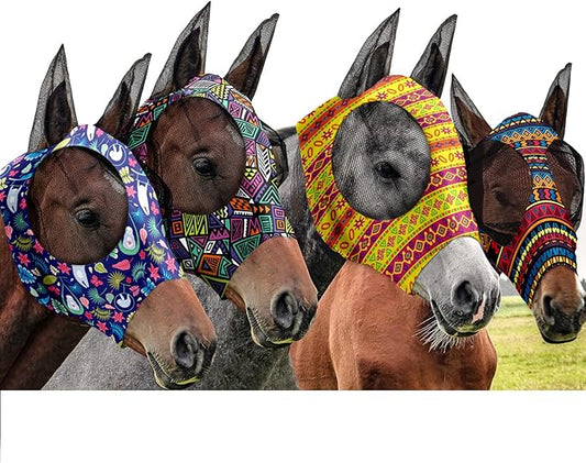 Frienda 4 Pieces Horse Fly Masks with Ears Face Covering UV Protection from Insect Pests Elasticity Smooth Comfortable Mesh Horse Mask Accessories(Geometric,Medium)