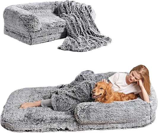EHEYCIGA Foldable Human Dog Bed, Orthopedic Memory Foam Human Sized Dog Bed, Waterproof Pet Bed for People, Faux Fur Pet Couch for Adult, Faded Black, 72"x44"x11"