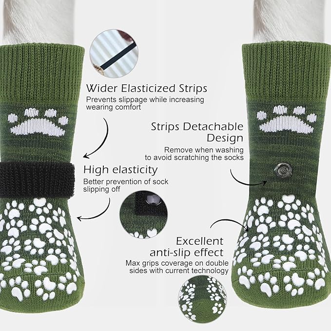 EXPAWLORER Anti Slip Dog Socks to Prevent Licking Paws, Shoes for Hot Pavement, Dog Booties for Small Medium Large Senior Dogs, Traction Control Boots & Paw Protectors for Hardwood Floors ArmyGreen