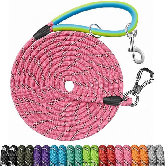 NTR Long Dog Leash, 15FT Recall Training Lead, with 2 Swivel Hooks, Reflective Threads and Soft Rubber Handle, Puppy Leash for Walking, Hunting, Camping for Small Medium and Large Dogs-Pink