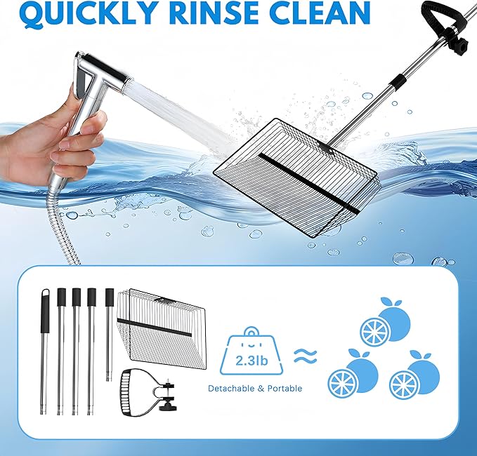 15inch Large Chicken Poop Scooper, 2 Slot Widths (0.16"&0.28"), 39" to 76" Adjustable Stainless Steel Handle, Sifting Litter Shovel for Chicken Coop/Stables/Farm Cleaning(with Effortless Grip)