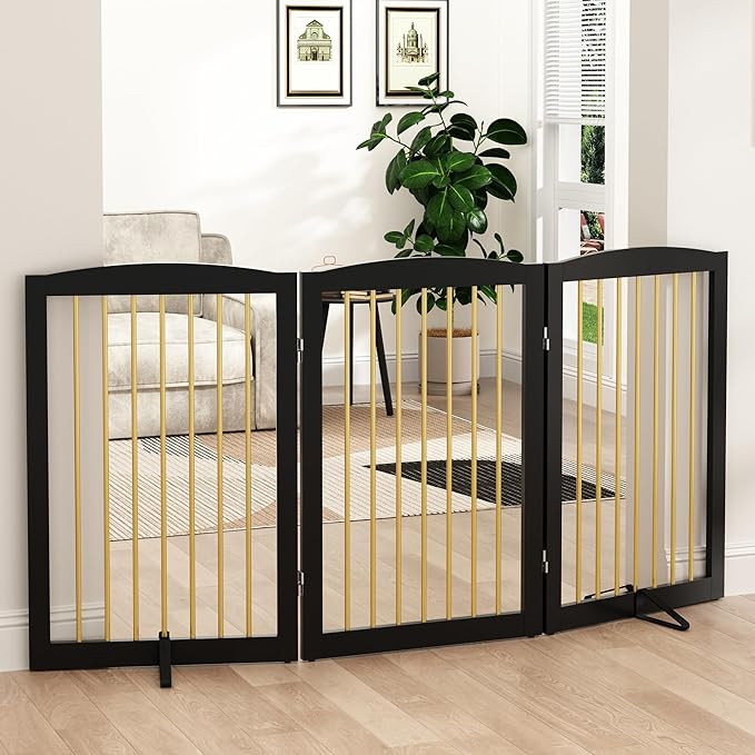 Freestanding Pet Gate for Dogs, Foldable Wooden Dog Gate for House Indoor, Step Over Pet Puppy Safety Fence for Stair, Doorway,Hall, Support Feet Included,3 Panels 32",Black&Gold