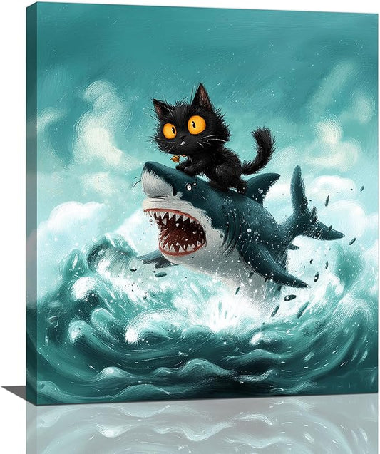 Funny Black Cat Bathroom Wall Art Cute Cat Riding Shark Canvas Wall Decor Animal Kitten Pictures Painting Print Artwork Framed Decorations Gifts for Cat Lover Kids Room Bedroom 24"x20"