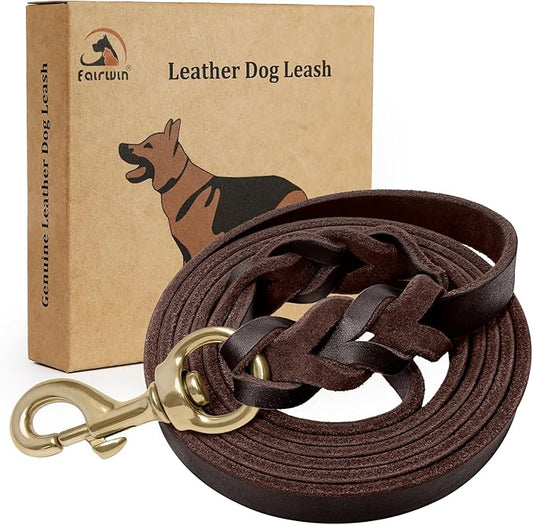 FAIRWIN Braided Leather Dog Leash 6 Foot - Dog Training Leash for Large Medium Small Dogs (Brown, S:1/2" x 6ft)