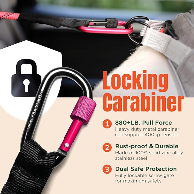 Dog Seat Belt for Car | Universal Dog Car Seatbelt | Durable Reflective Rope with Clip Hook Latch, Buckle and Carabiner- Safe and Secure Pet Safety Restraint (Pink)