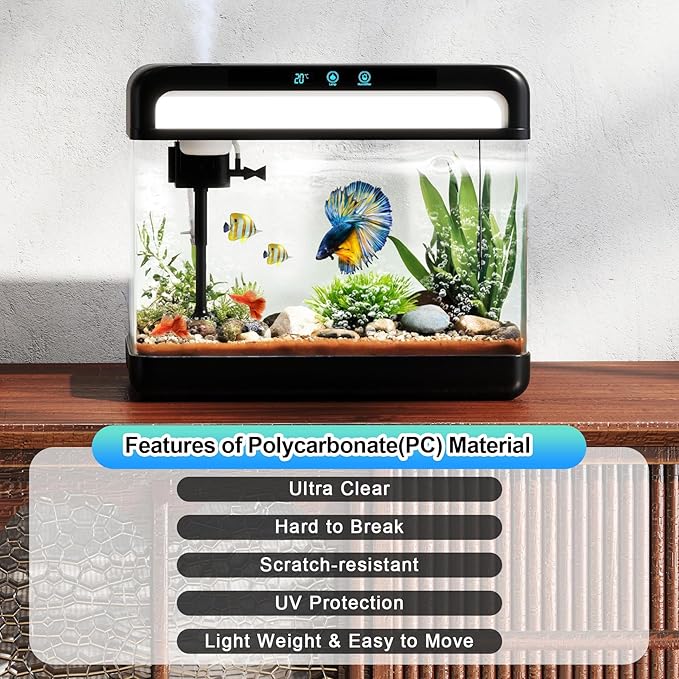 Fish Tank Aquarium 3 Gallon, Smart Aquarium Kits - Silent Water Pump,Self Cleaning System,7 Color Lights,Temperature Display, Aromatherapy, Advanced Filtration