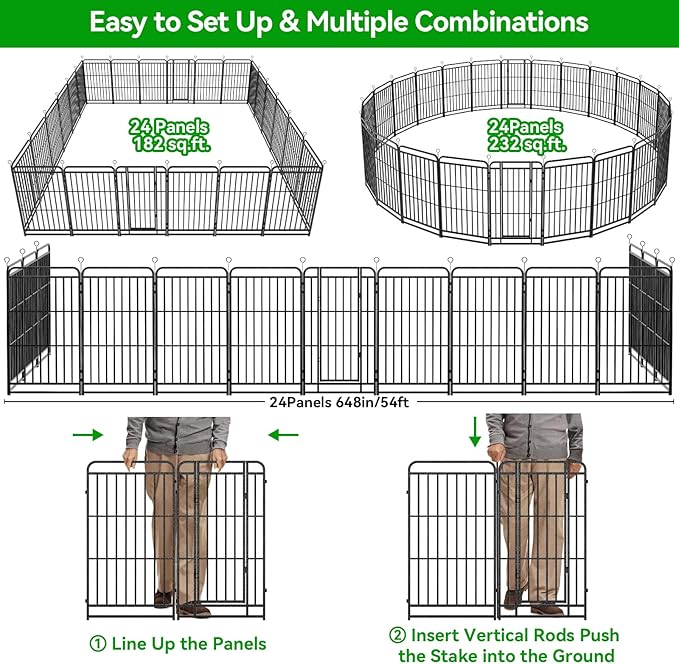 Dog Playpen Outdoor 24 Panels Heavy Duty Dog Fence 47" Height with Thick Pipe Anti-Rust with Doors Portable for RV Camping Yard, Total 54FT, 227 Sq.ft, Snowy Black