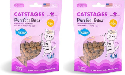 Catstages by Nina Ottosson Purrfect Bitez Natural Crunchy Cat Treats for Puzzles, Toys, Feeders, & Training, USA-Made, Real Whitefish Flavor, 4oz (Pack of 2)