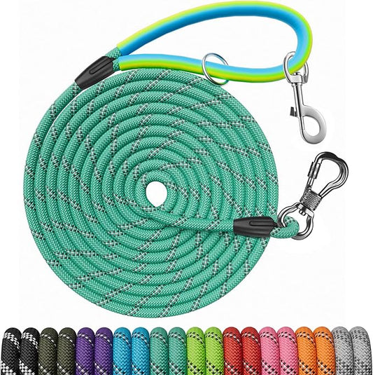 NTR Long Dog Leash, 30FT Check Cord with with 2 Swivel Hooks and Soft Rubber Handle for Pink Leash for Small Medium and Large Dogs Walking Training Hiking Camping Playing-Teal
