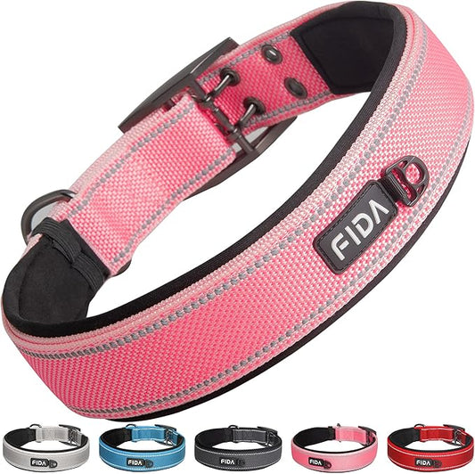 Fida Heavy Duty Dog Collar 1.5” Width, Ultra Soft Neoprene Padded, Adjustable Reflective Nylon Pet Collar with Two Metal Pin Belt Buckle for Large/X-Large Breeds (XL, Pink)
