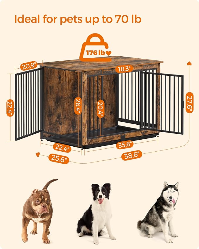 Feandrea Dog Crate Furniture, 38 Inches Dog Kennel for Dogs up to 70 lb, with Removable Tray, Heavy-Duty Dog Cage End Table, Double Doors Dog House, Rustic Brown UPFC013X01