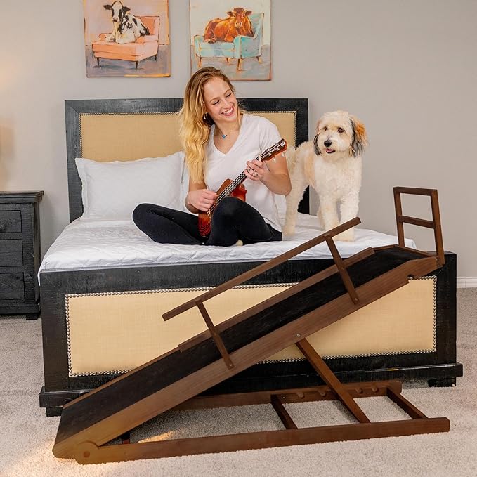 Dog Ramp for Bed, 5 Level Adjustable Dog Ramp for High Beds, Upgrade Rubber Mat High Traction Ramp with Safety Rails, Folding Pet Ramp for Bed, Couch,SUV, Natural Wood Pet Ramp for Small & Old Dogs