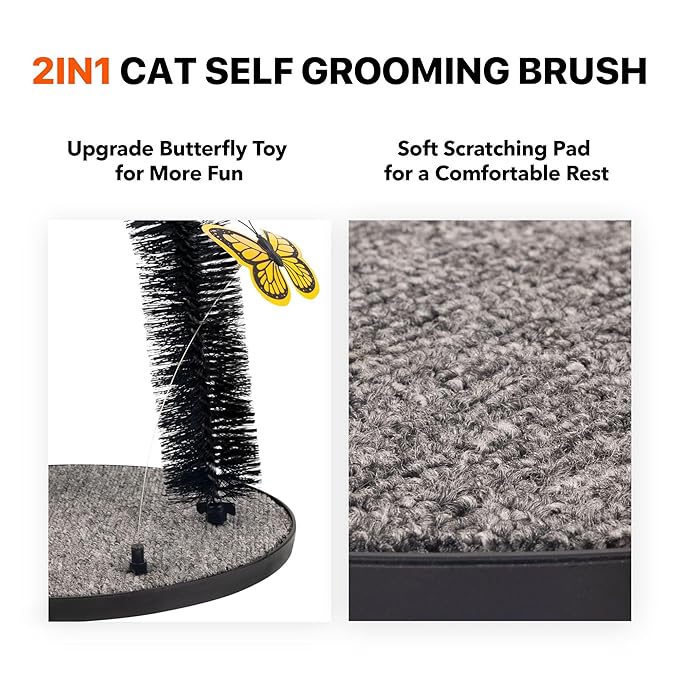 Pet Prime 2in1 Cat Arch Self Groomer for Indoor Cats, Back Scratcher Grooming Massage Brush With Sturdy Scratching Pad, Durable Brusher and Butterfly Toy