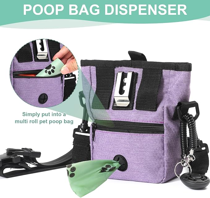 Dog Treat Pouch Magnetic Closure with Training Clicker，Hands-Free Design to Prevent Spills，Built in Poop Bag Dispenser，3 Ways To Wear，Metal Clip Waist Belt and Fanny Pack for Pet Walking（Purple）