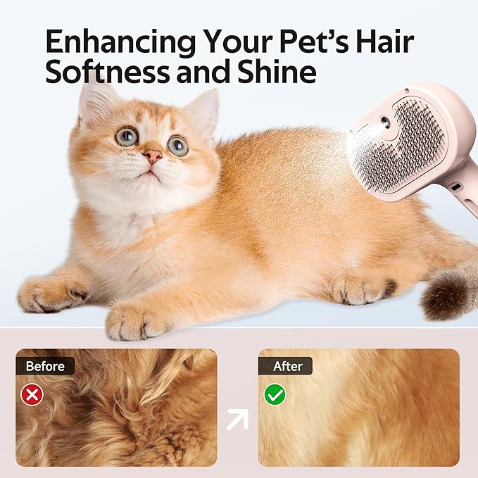 Pet Grooming Brush with Electronic Mist Spray - Gentle Deshedding Tool for Cats & Dogs, Pet Steam Brush，Reduces Shedding, Soft Bristles, Promotes Healthy Coat-Comes with a hair smoothing comb-Red