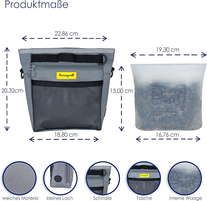 Dog Treat Pouch with Magnetic Closure 4-Cup Silicone Bag Fanny Pack Holder with Clicker 4 Ways to Wear Front Pocket Fits All Phones Ideal for Leash, Pet Walking and Training（Gray）