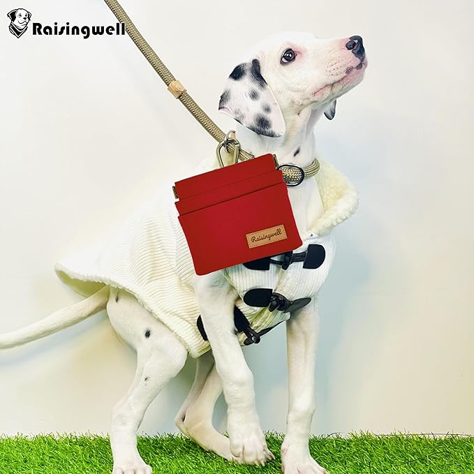 Dog Treat Pouch, Red Pocket Sized Pet Training Pouch, Cotton Fabric, Hand Free Dog Walking Bag with Carabiner, Self-Closing Pet Feed Snack Reward, for Puppy Travel or Outdoor Use