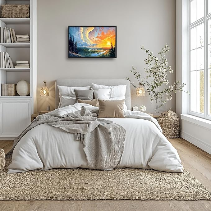 Framed Large Sunrise Wall Art for Living Room, Oversized Sunrise Wall Decor Forest Lake Landscape Canvas Print Natural Picture Home Decoration for Bedroom Living Room Office 36"x24"