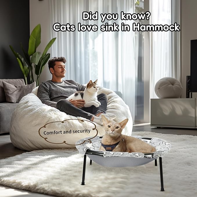 Elevated Cat Bed, Glow-in-The-Dark Fabric Cat Hammock Bed for Large Indoor Cats, Machine Washable & Breathable Cover, Tool Free Easy Assembly, up to 66Lbs (Gray, L)