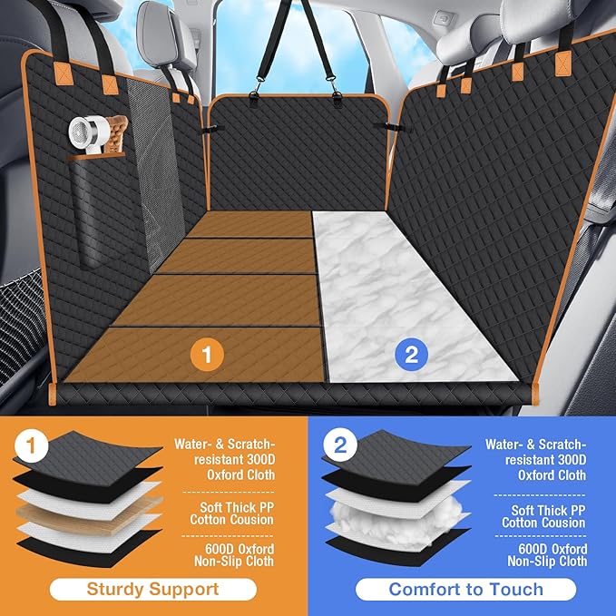 Dog Car Seat Cover for Back Seat, Dog Car Bed Cover with Strong Hard Bottom 4 Panels, Car Back Seat Extender Hammock for Car SUV Truck Black Color