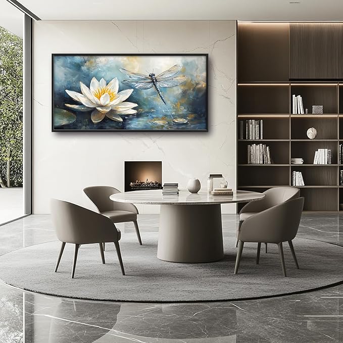 Extra Large Lotus Dragonfly Framed Wall Art for Living Room,Abstract Blue Lotus Flower Lake Pictures Wall Decor,Nature Canvas Print Painting Modern Artwork Bedroom Office Bathroom 60L" x 30W"