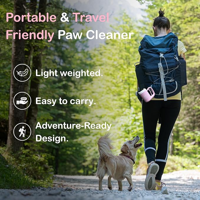 Dog Paw Cleaner for Small & Medium Dogs – Portable Paw Washer Cup with Soft Silicone Brush, Towel & Moisturizing Balm – Gently Cleans Muddy Paws After Walks (Pink, Small)