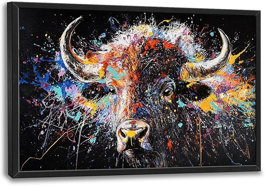 Framed Large Bison Buffalo Wall Art for Living Room, Oversized Graffiti Yak Cow Wall Decor Banksy Bull Canvas Painting Animal Pictures Modern Artwork for Living Room Bedroom Office 36"x24"
