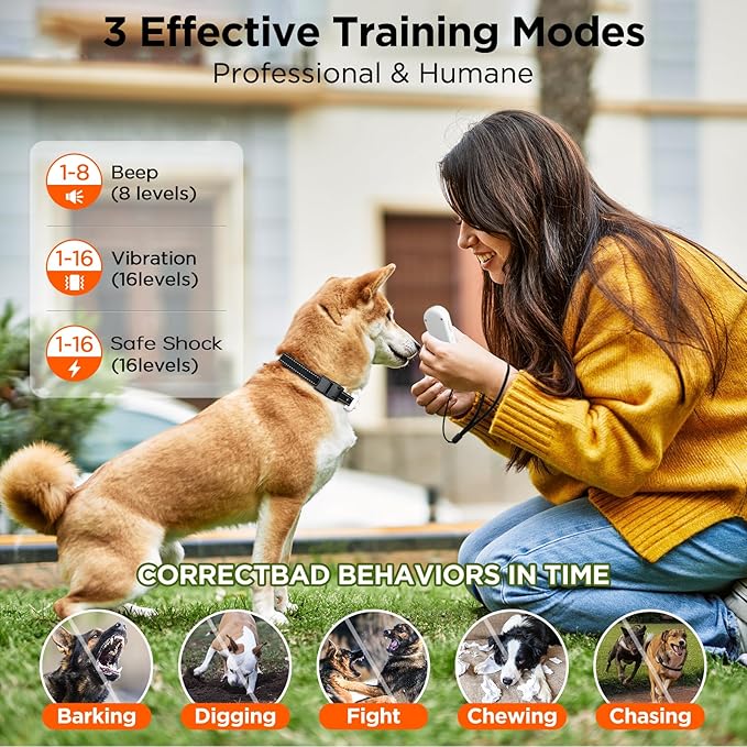 Dog Shock Collar 2 Dogs, 3300ft Dog Training Collar with Remote, IPX7 Waterproof Rechargeable Sleek Modern for All Dogs with Beep, Vibration, Safety Shock, Light Mode, 8-120 lbs NF