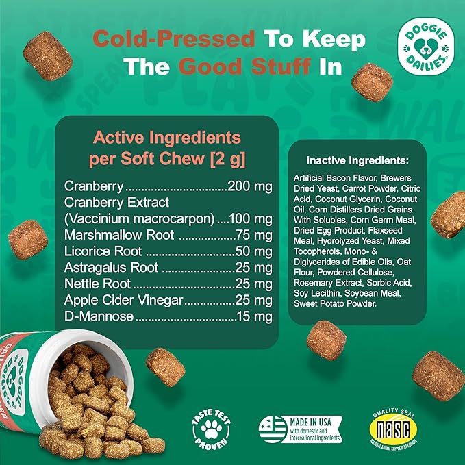 Doggie Dailies Cranberry Supplement for Dogs Bacon Flavored - Urinary Tract, Bladder & Kidney Support for Dogs - Cranberry with Marshmallow Root, Licorice Root & Apple Cider Vinegar, 225 Soft Chews