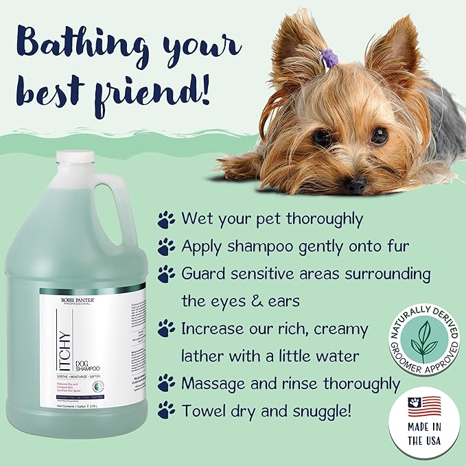 Bobbi Panter Dog Shampoo - Made in USA - All Natural Formula for Itch Relief & Soothing Skins, Concentrated 16:1 for Professional Groomers - Green Apple Scent, 1 Gallon