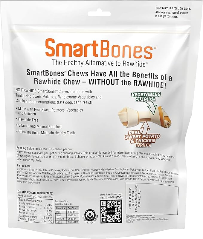 SmartBones Medium Chews With Real Sweet Potato 4 Count, Rawhide- Free Chews For Dogs